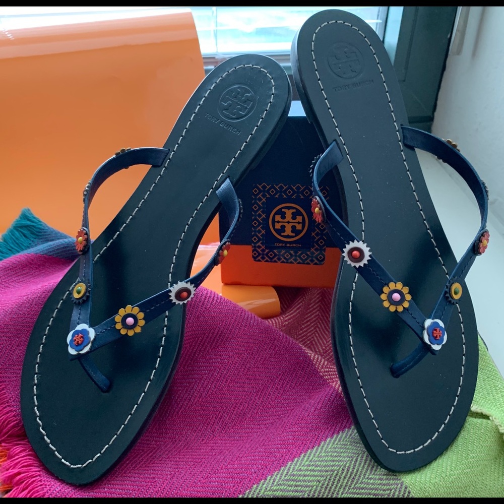 Tory Burch Navy/Flowers Leather Sandals- Size 9.5